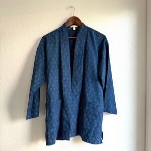 EILEEN FISHER Womens Kimono Jacket Blue Block Print Organic Cotton Size Small